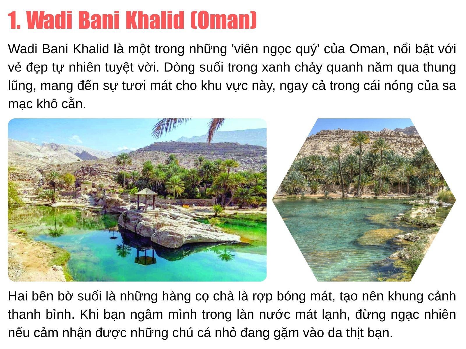 Hồ nước trong xanh màu ngọc bích tại ốc đảo Wadi Bani Khalid, Oman, bao quanh bởi vách đá và cây cọ.