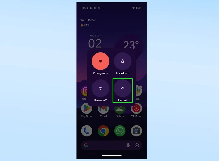 Menu tùy chọn nguồn trên điện thoại Pixel với nút Khởi động lại.