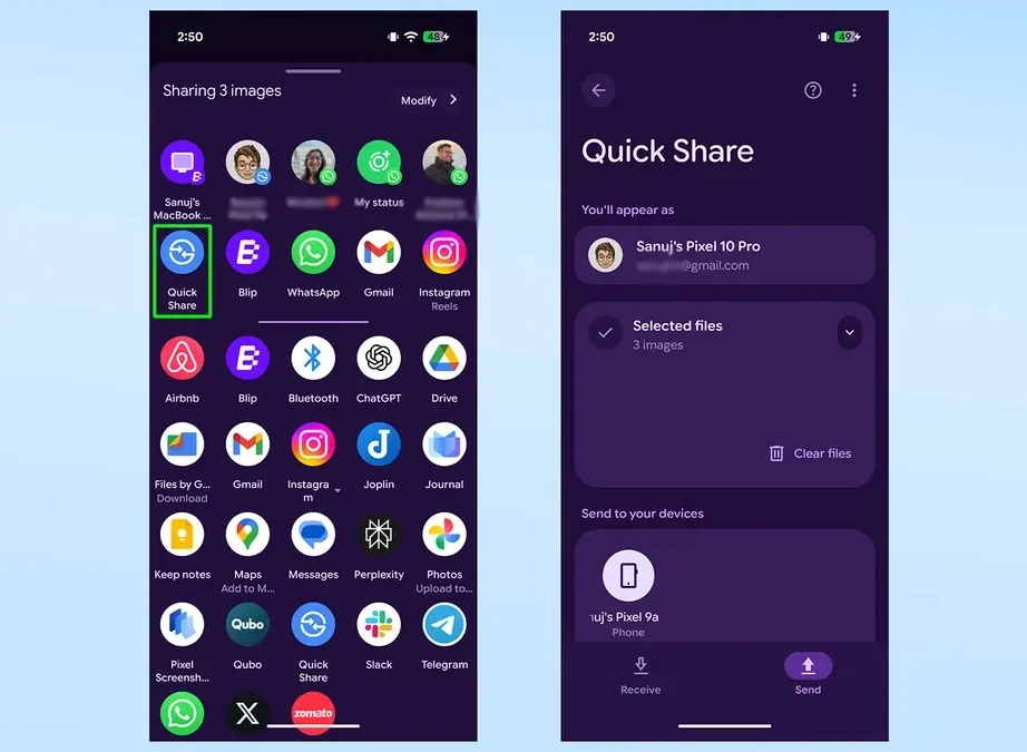 Bảng chia sẻ của Android với tùy chọn Quick Share được chọn.