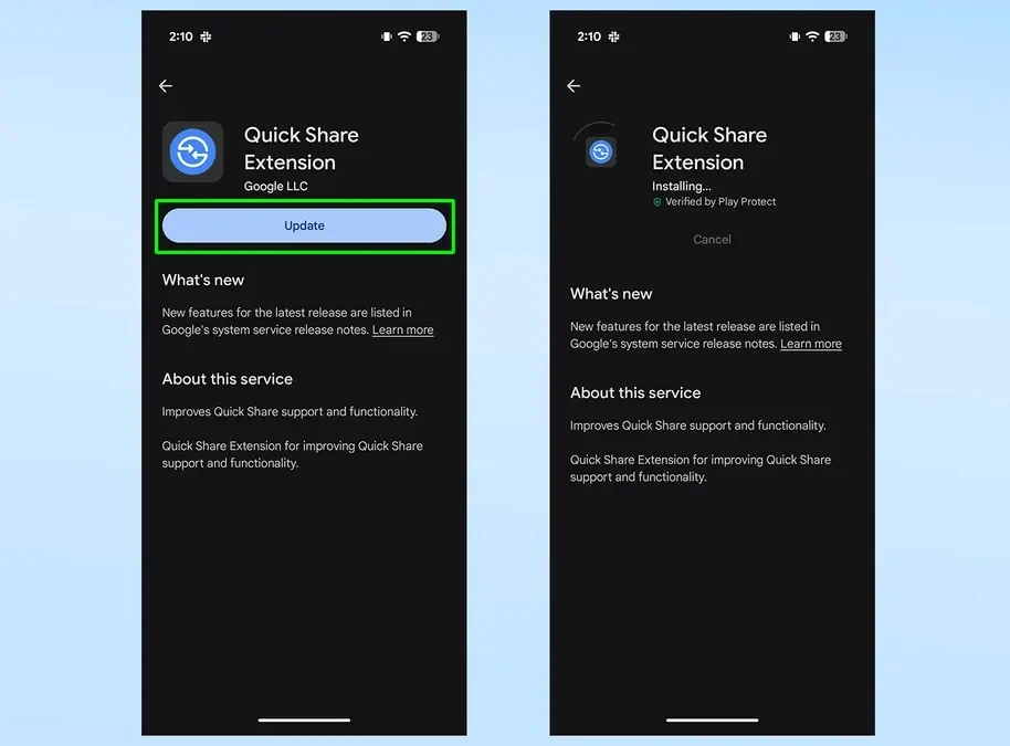 Giao diện cập nhật Tiện ích mở rộng Quick Share trên Cửa hàng Google Play.