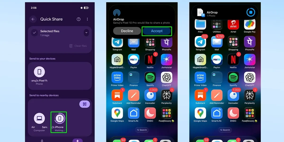 Giao diện Quick Share trên Pixel hiển thị một thiết bị iPhone ở gần để chia sẻ.