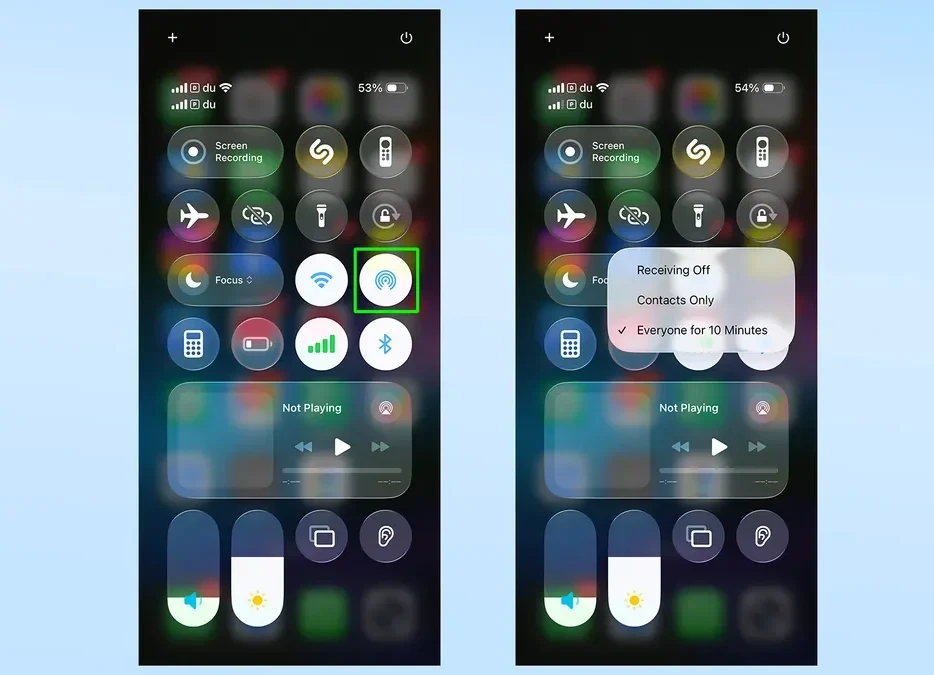 Cài đặt AirDrop trên iPhone được đặt thành Mọi người trong 10 phút.