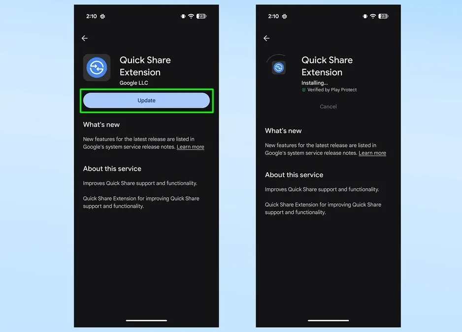 Cửa hàng Google Play hiển thị ứng dụng Tiện ích mở rộng Quick Share đã được cài đặt.
