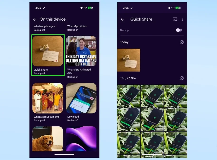 Thư mục Quick Share bên trong ứng dụng Google Photos trên Pixel.