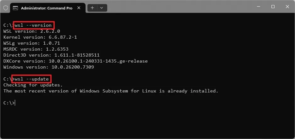 Giao diện Command Prompt đang thực hiện lệnh cập nhật WSL trên Windows 11.