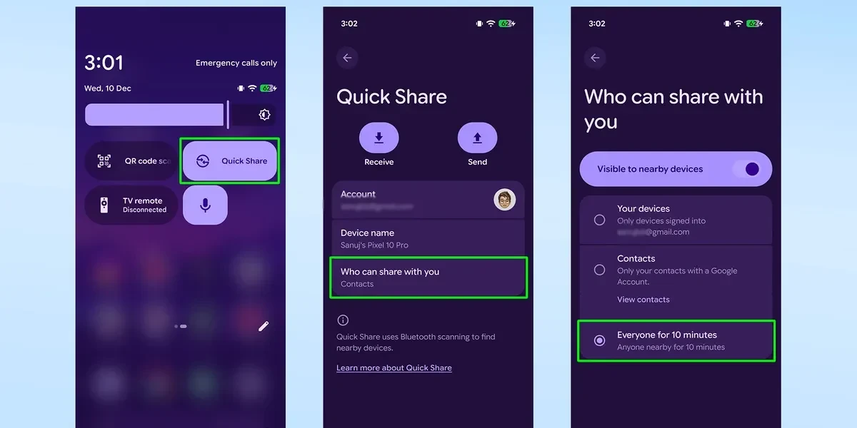 Cài đặt hiển thị của Quick Share trên Pixel được đặt thành Mọi người.