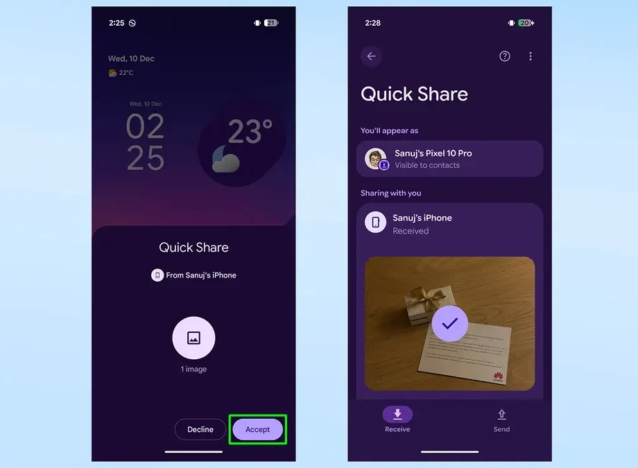 Thông báo nhận tệp qua Quick Share trên điện thoại Pixel.