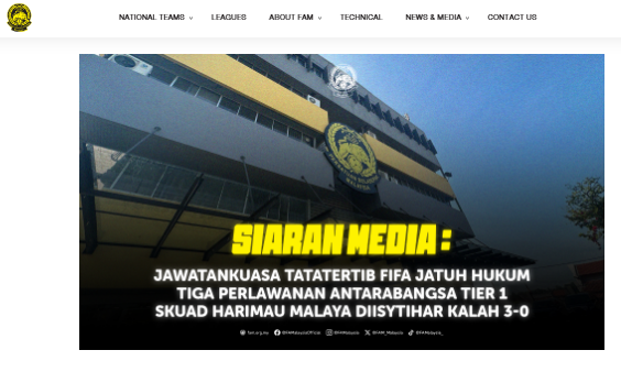 Ảnh chụp màn hình thông báo của Liên đoàn Bóng đá Malaysia về quyết định kỷ luật từ FIFA