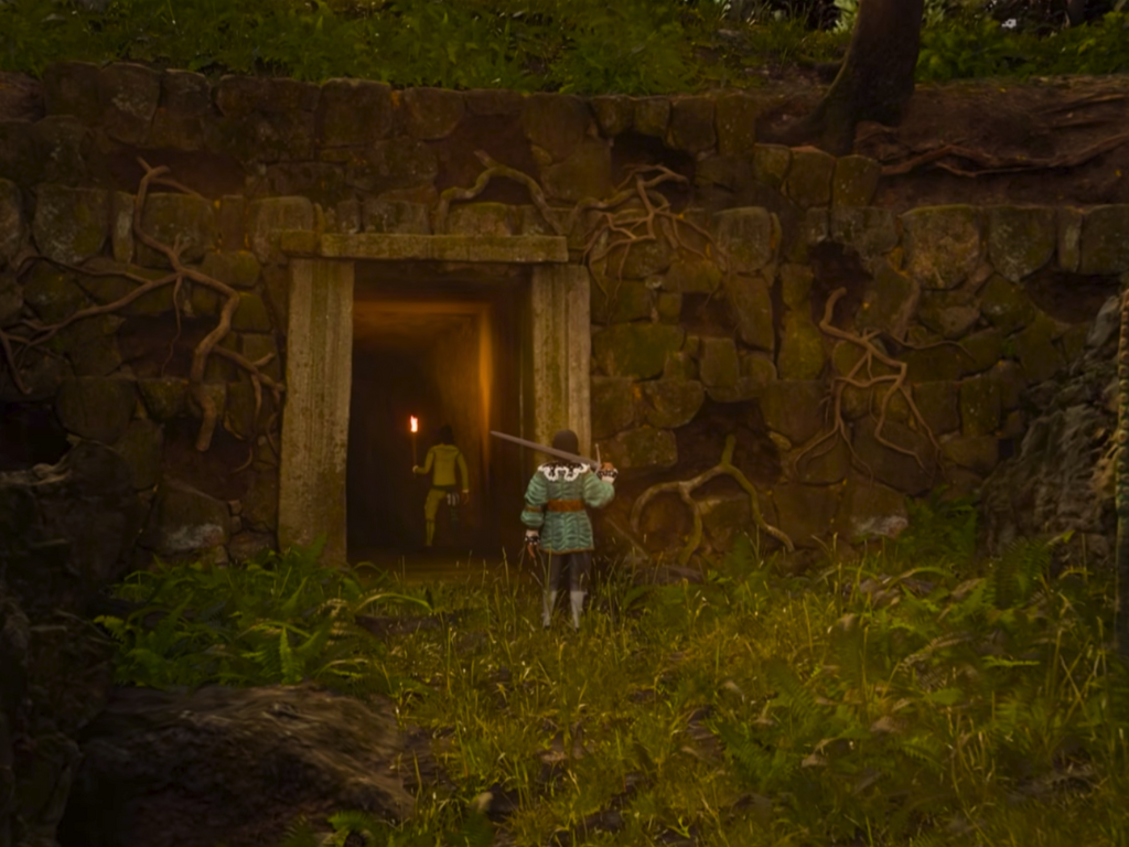 Ảnh chụp màn hình từ trailer Swordhaven: Iron Conspiracy, cho thấy nhân vật chính cầm kiếm trước lối vào một khu mỏ. (Nguồn ảnh: Steam)