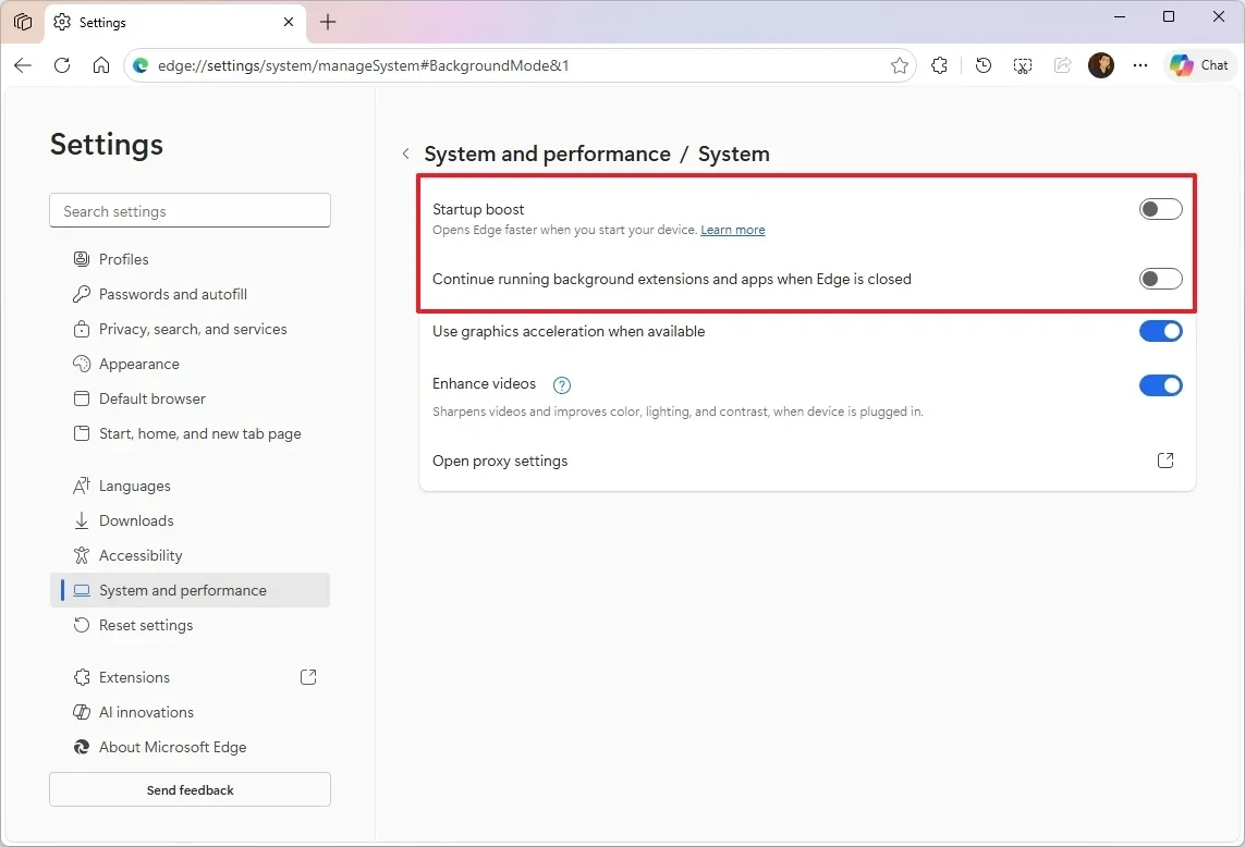 Cài đặt hiệu suất trên Microsoft Edge