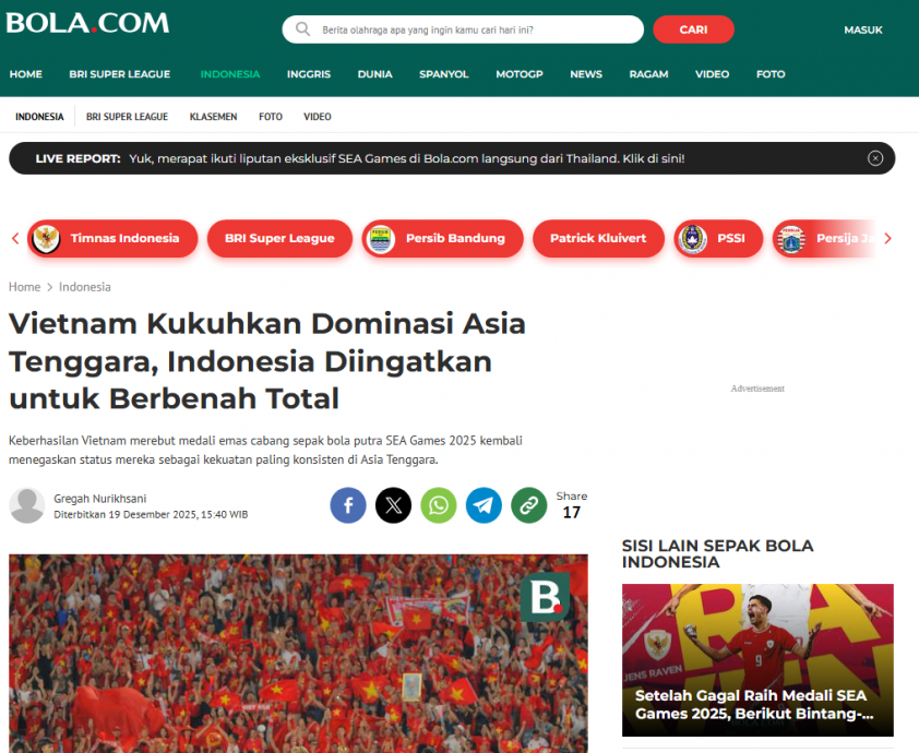 Báo Indonesia thừa nhận sức mạnh của bóng đá Việt Nam