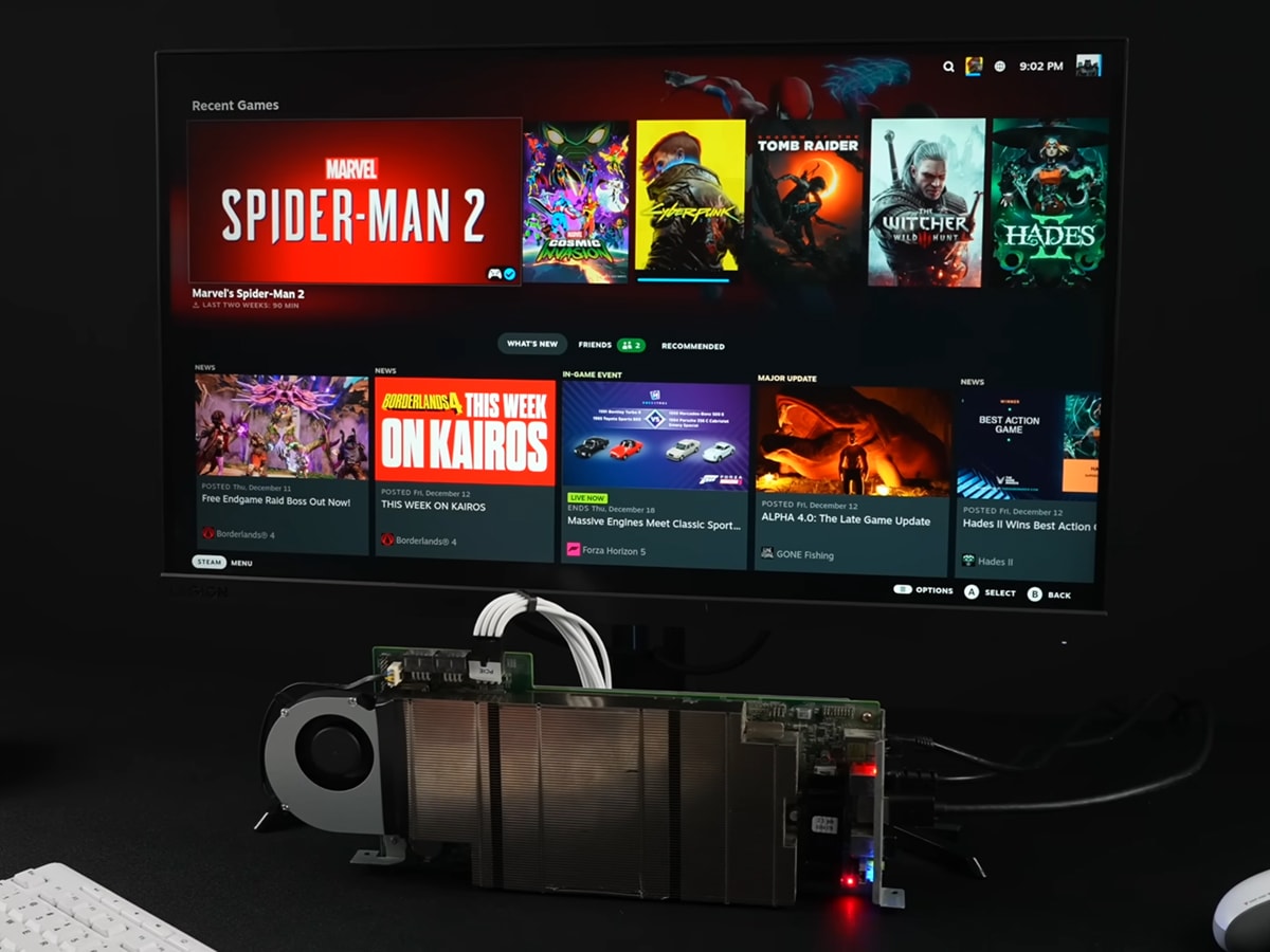 Với APU PlayStation 5 rút gọn, BC 250 xử lý trò chơi khá tốt ở độ phân giải 1080p. Ảnh: bo mạch đang chạy Bazzite.