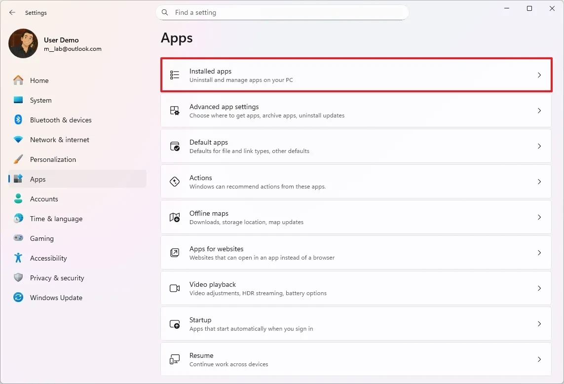 Trang Installed apps trong Settings