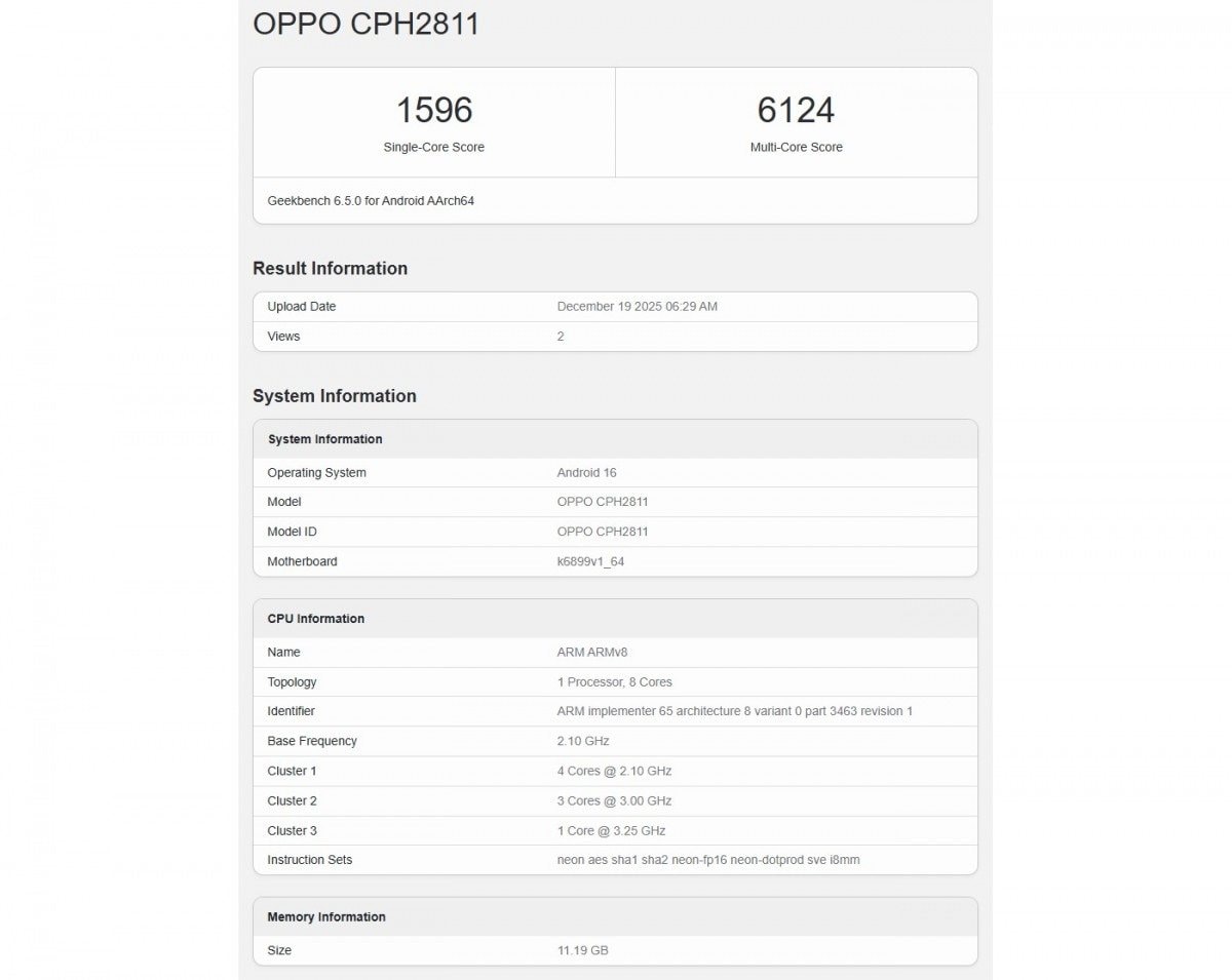 Kết quả đo hiệu năng Geekbench của OPPO Reno15 Pro Max cho thấy điểm số đơn nhân và đa nhân ấn tượng.