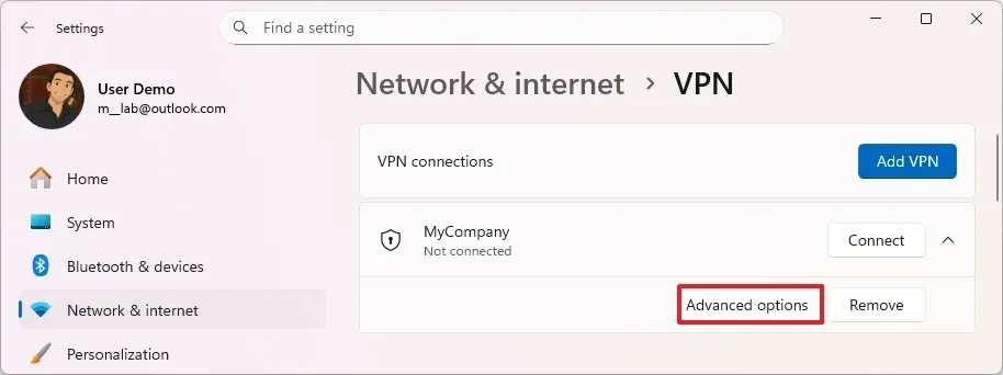 Truy cập tùy chọn nâng cao cho VPN