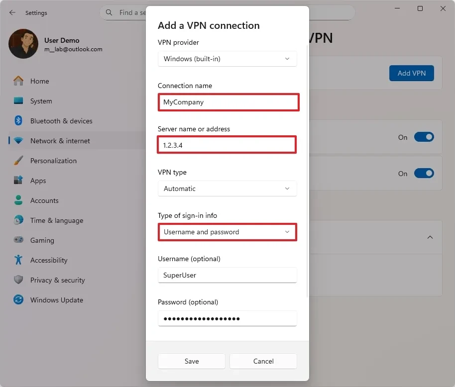 Cấu hình địa chỉ máy chủ VPN