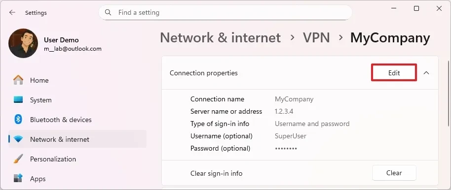 Chỉnh sửa thông số kỹ thuật của VPN