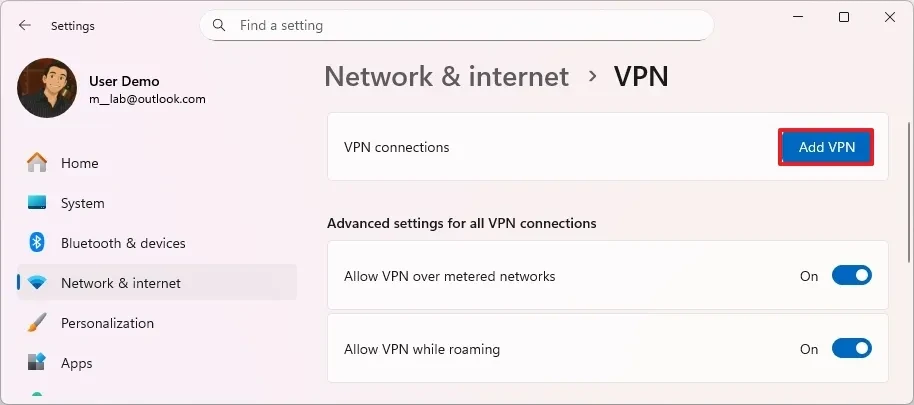 Giao diện thêm kết nối VPN trên Windows 11
