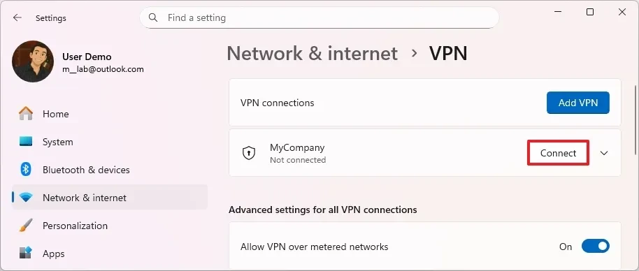 Thao tác kết nối VPN trong cài đặt Windows 11
