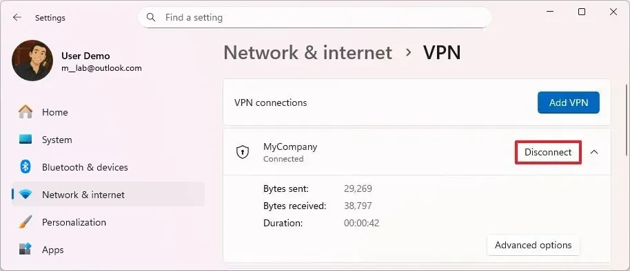 Ngắt kết nối VPN trên Windows 11