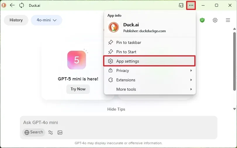 cai dat Duck.ai DuckDuckGo duoi dang ung dung tren Windows 11 10.6