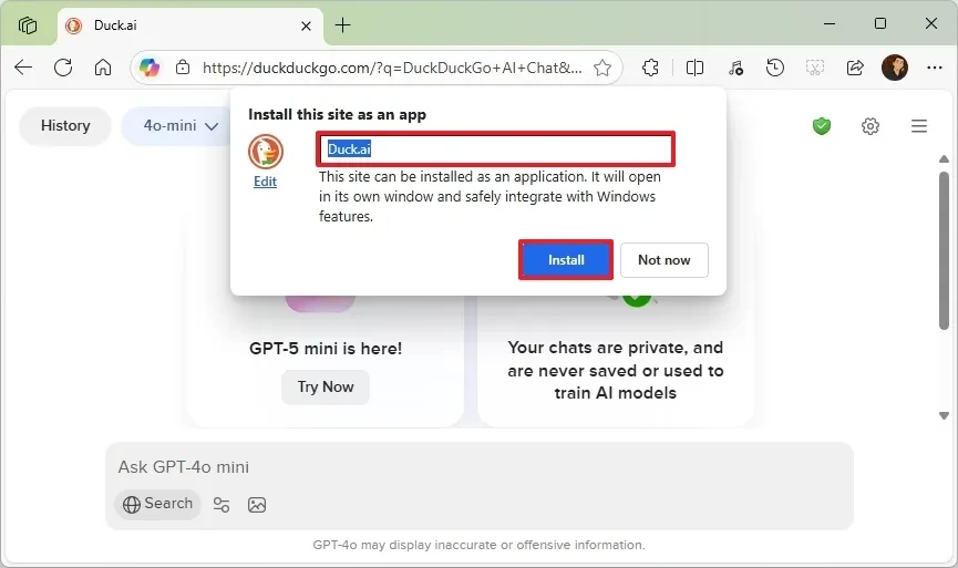 cai dat Duck.ai DuckDuckGo duoi dang ung dung tren Windows 11 10.7