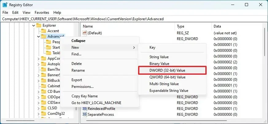 Thao tác tạo giá trị DWORD mới trong Registry Editor