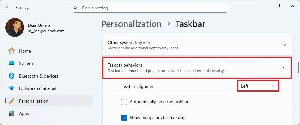 Giao diện cài đặt Taskbar behaviors trên Windows 11