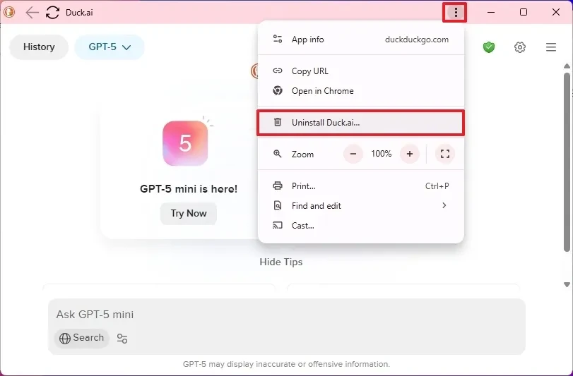 cai dat Duck.ai DuckDuckGo duoi dang ung dung tren Windows 11 10.2