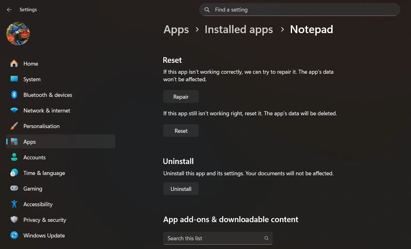 Giao diện cài đặt Notepad trong Windows Settings