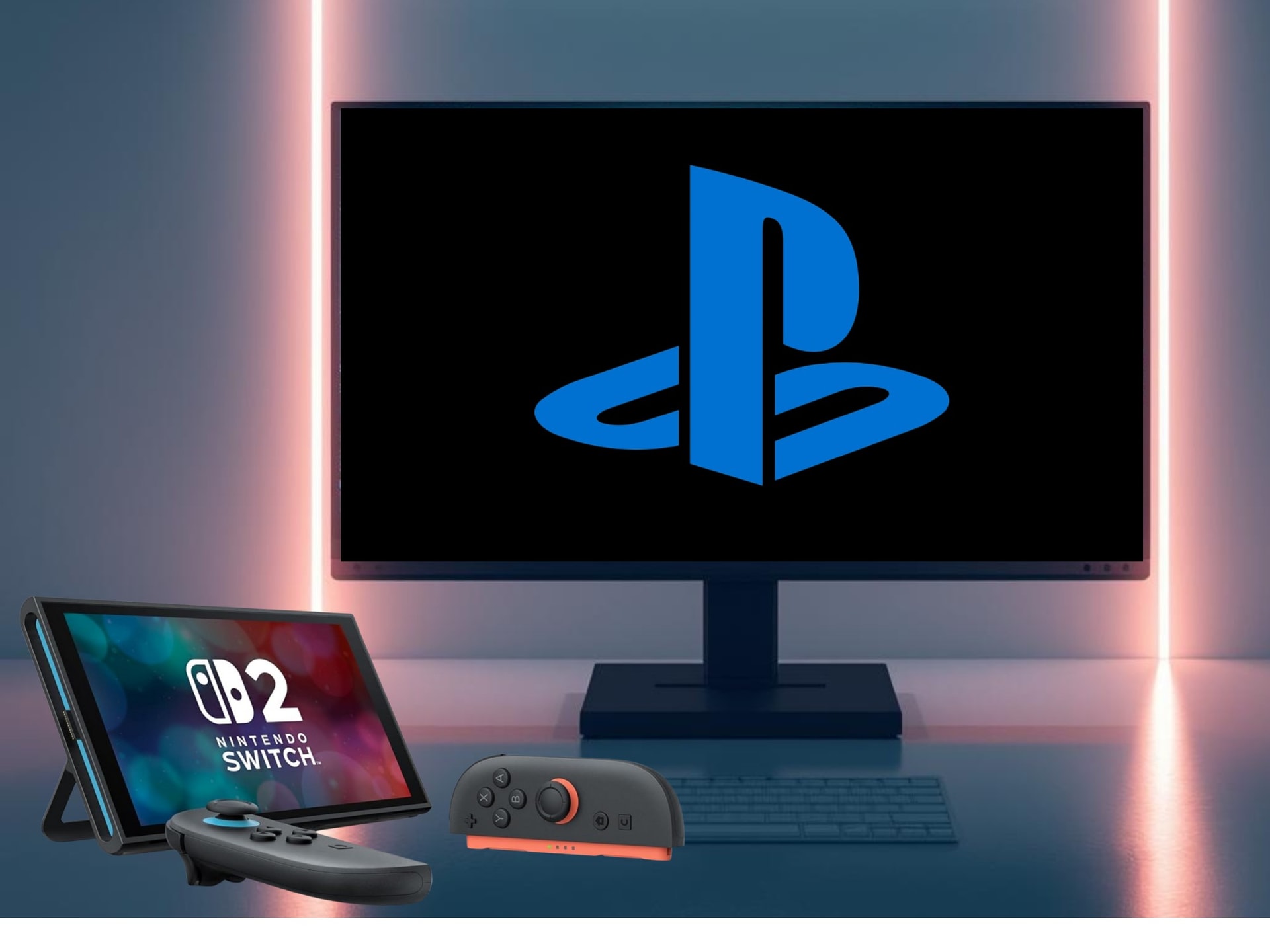 Switch 2 đặt cạnh màn hình PC hiển thị logo PlayStation