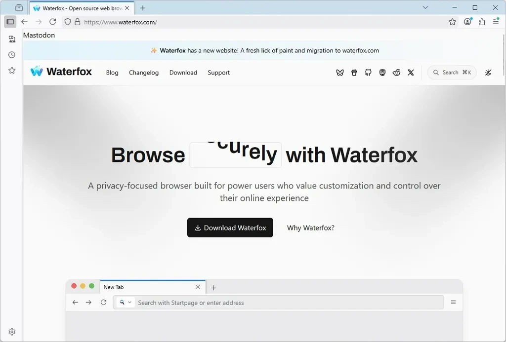 Giao diện trình duyệt Waterfox trên Windows 11
