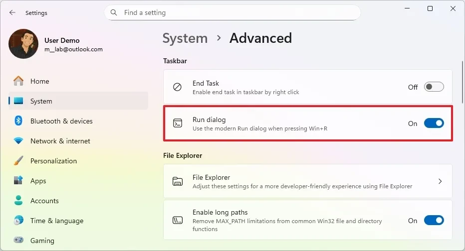 Bật tùy chọn Run dialog trong phần cài đặt nâng cao của Windows 11