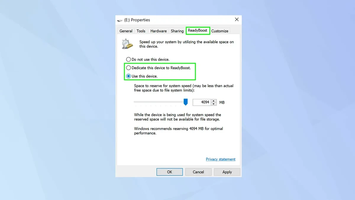 Tùy chọn thiết lập ReadyBoost trong tab tính năng