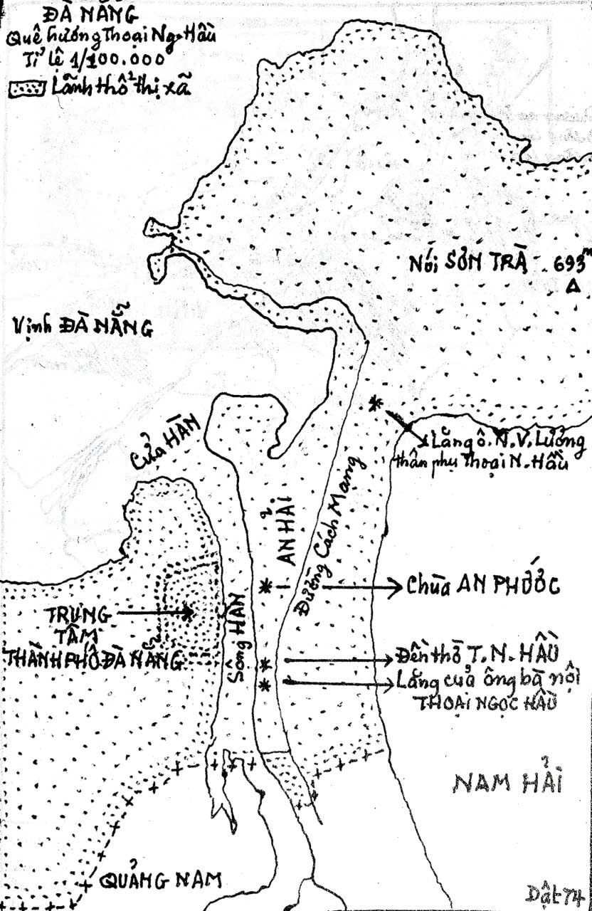 Bản vẽ làng An Hải xưa do nhà nghiên cứu Võ Văn Dật thực hiện năm 1974, in trong cuốn “Thoại Ngọc Hầu và những cuộc khai phá miền Hậu Giang” của Giáo sư Nguyễn Văn Hầuc giả