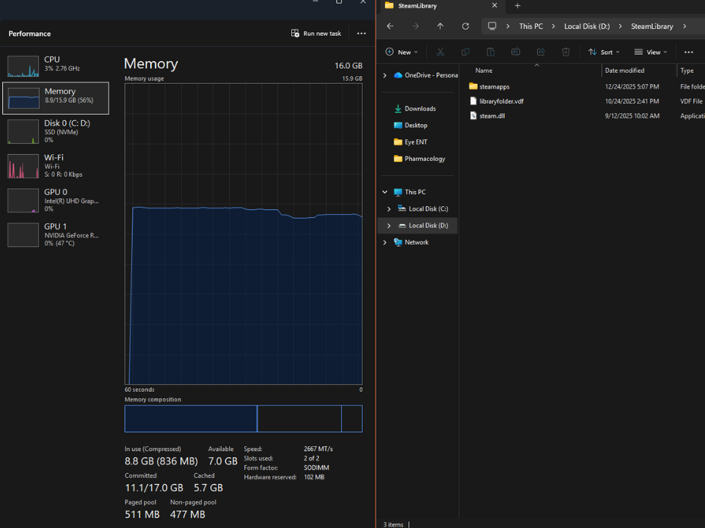 Giao diện Task Manager và File Explorer trên Windows 11 minh họa hiệu suất hệ thống
