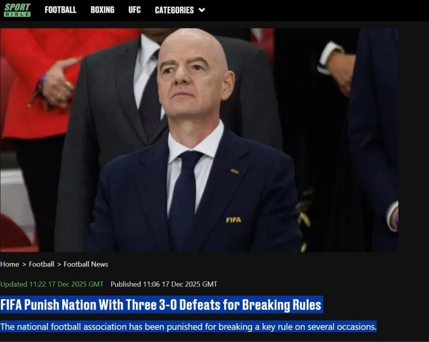 Tờ SportBible đưa tin về án phạt của FIFA dành cho Malaysia