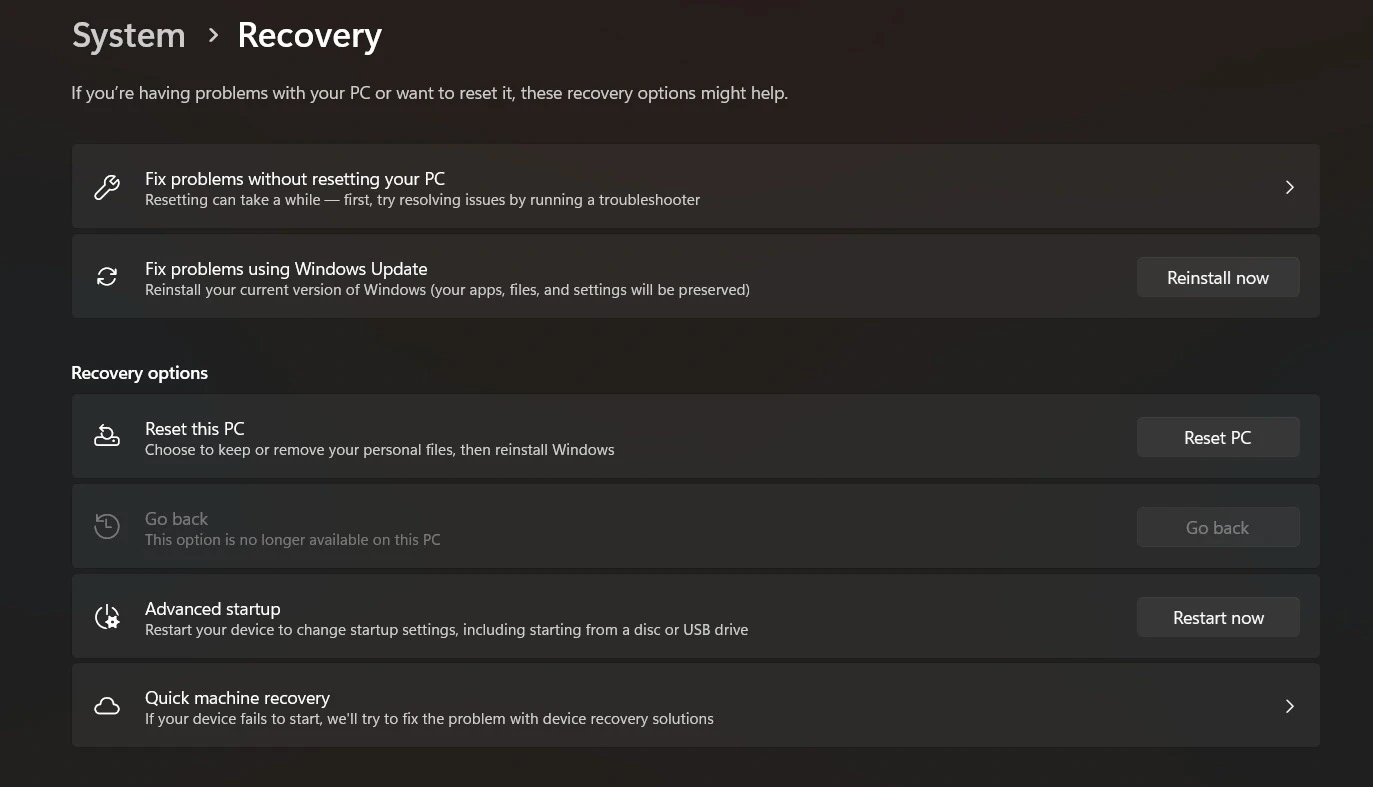 Truy cập menu Recovery trong cài đặt Windows