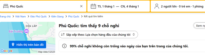 Kết quả tìm kiếm phòng khách sạn Phú Quốc trên ứng dụng trực tuyến cho thấy tỷ lệ lấp đầy gần như tuyệt đối.