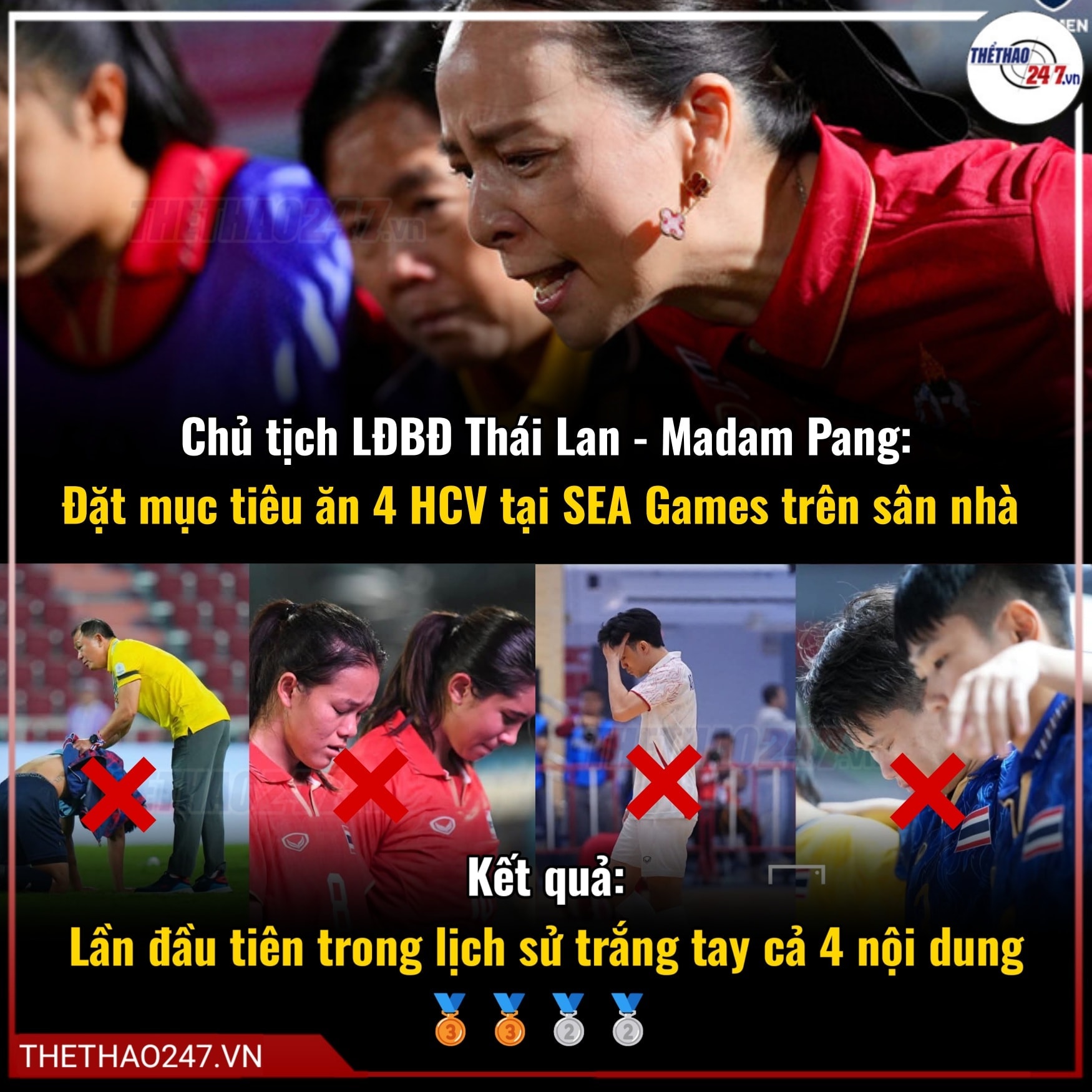 Chủ tịch LĐBĐ Thái Lan Madam Pang đặt mục tiêu 4 HCV SEA Games nhưng trắng tay