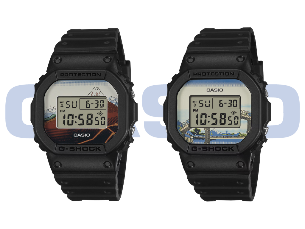 Cận cảnh hai mẫu đồng hồ Casio G-Shock DW-5600KHS25-1 và DW-5600KHFM-1 với họa tiết nghệ thuật Hokusai.