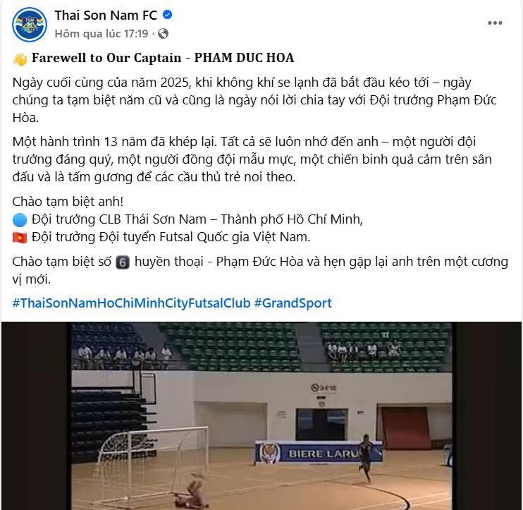 CLB Thái Sơn Nam tri ân đội trưởng Phạm Đức Hòa