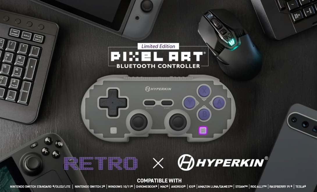 Tay cầm Hyperkin Pixel Art Wireless với thiết kế hiện đại dựa trên kiểu dáng SNES truyền thống.