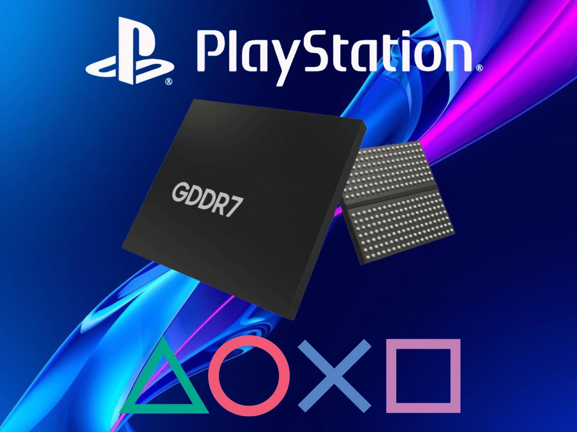 Logo PlayStation và bộ nhớ GDDR7 minh họa cho cấu trúc phần cứng của hệ máy mới