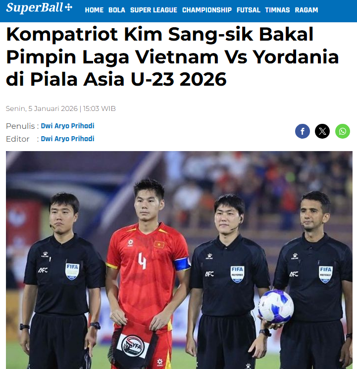 Tờ Superball Bola Sport phản ứng khi trọng tài Hàn Quốc cầm còi trận đấu giữa U23 Việt Nam và U23 Jordan