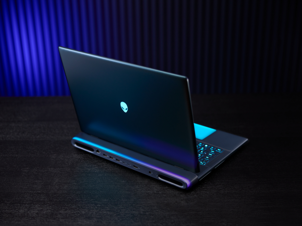 Máy tính xách tay chơi game Alienware 18 Area-51 đặt trên bàn trong bối cảnh ánh sáng mờ.