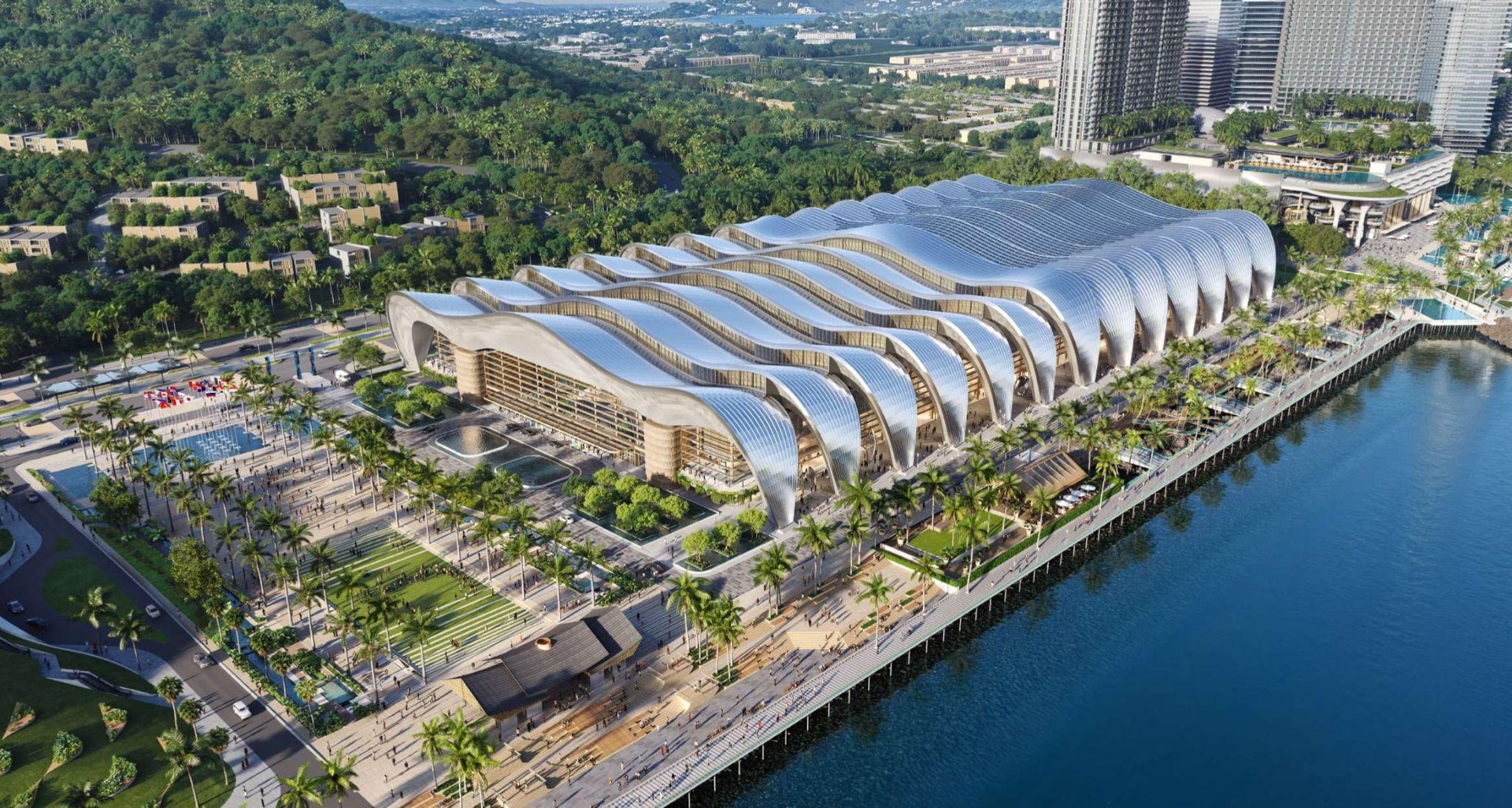 Toàn cảnh kiến trúc Trung tâm Hội nghị APEC Phú Quốc với mái cong hình sóng nước.