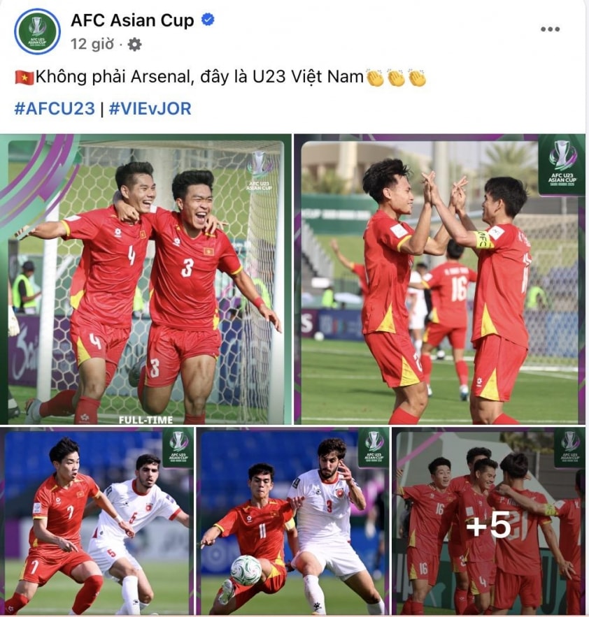 Fanpage AFC đăng tải hình ảnh so sánh lối chơi của U23 Việt Nam với Arsenal.