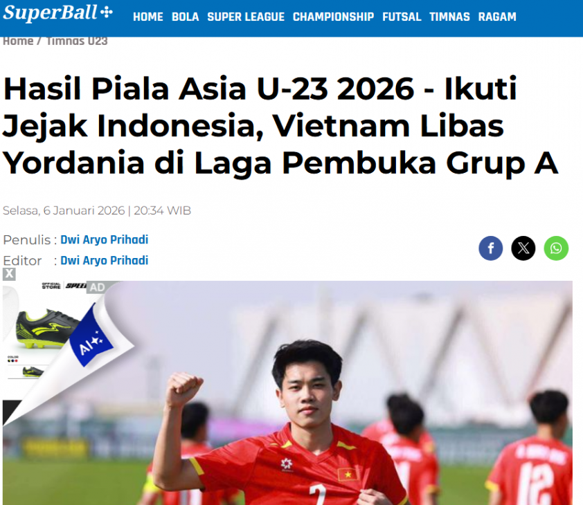 Báo chí Indonesia đưa tin về chiến thắng của U23 Việt Nam trước Jordan