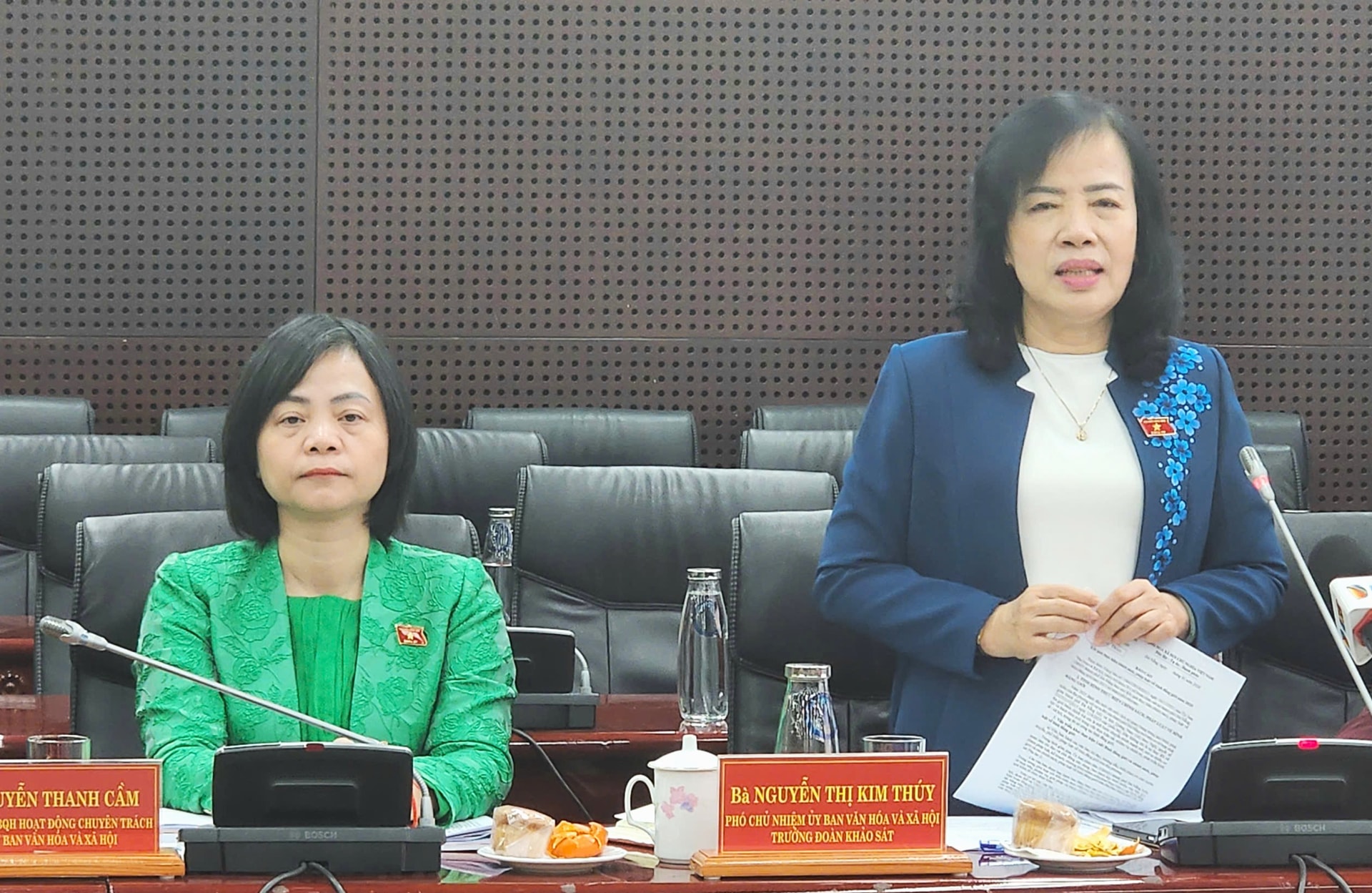 Phó Chủ nhiệm Ủy ban Văn hóa và Xã hội của Quốc hội Nguyễn Thị Kim Thúy (bên phải) phát biểu tại buổi làm việc. Ảnh: N.Q